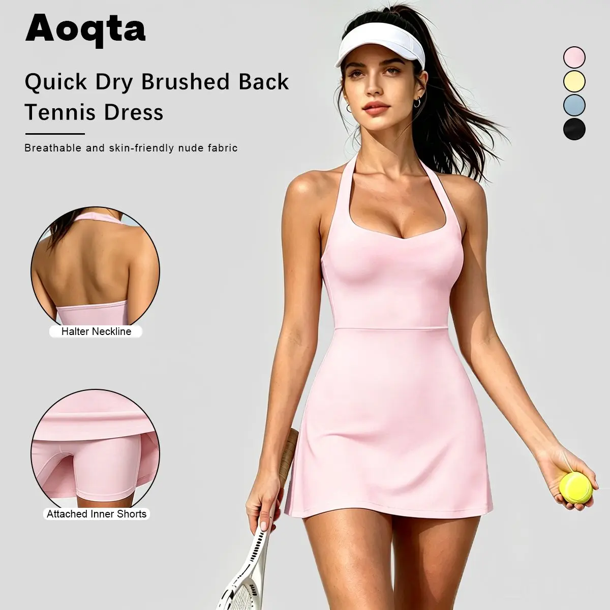 Aoqta quick-dry yoga dress, women’s halter neck dress, built-in shorts athletic mini dress, sports dress, casual vacation dress, tennis dress