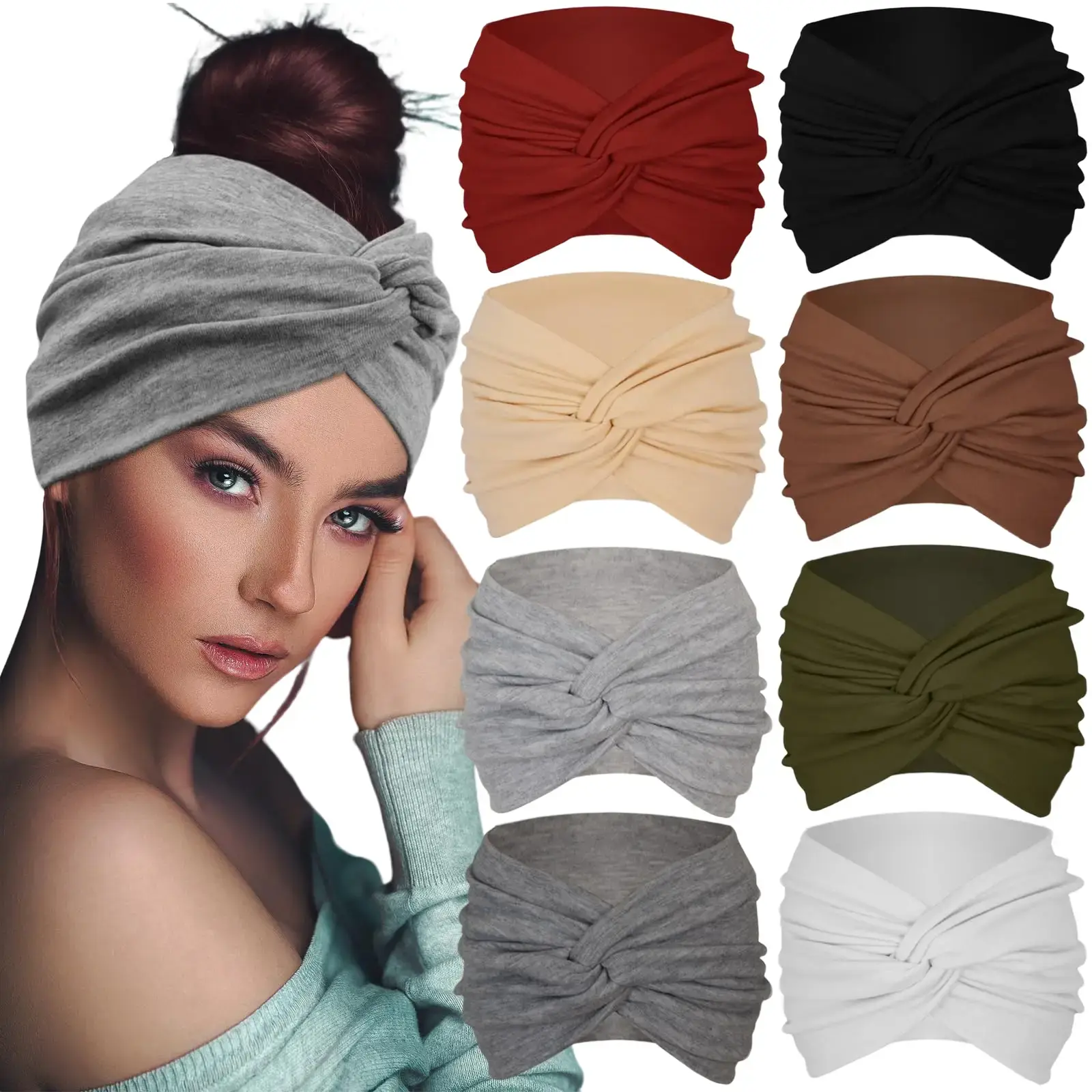 Extra Wide Headbands For Women 7'' Large Headband Twist Head Bands Women's Hair Band Stretchy Turban Girls Styling Accessories 8 Pack