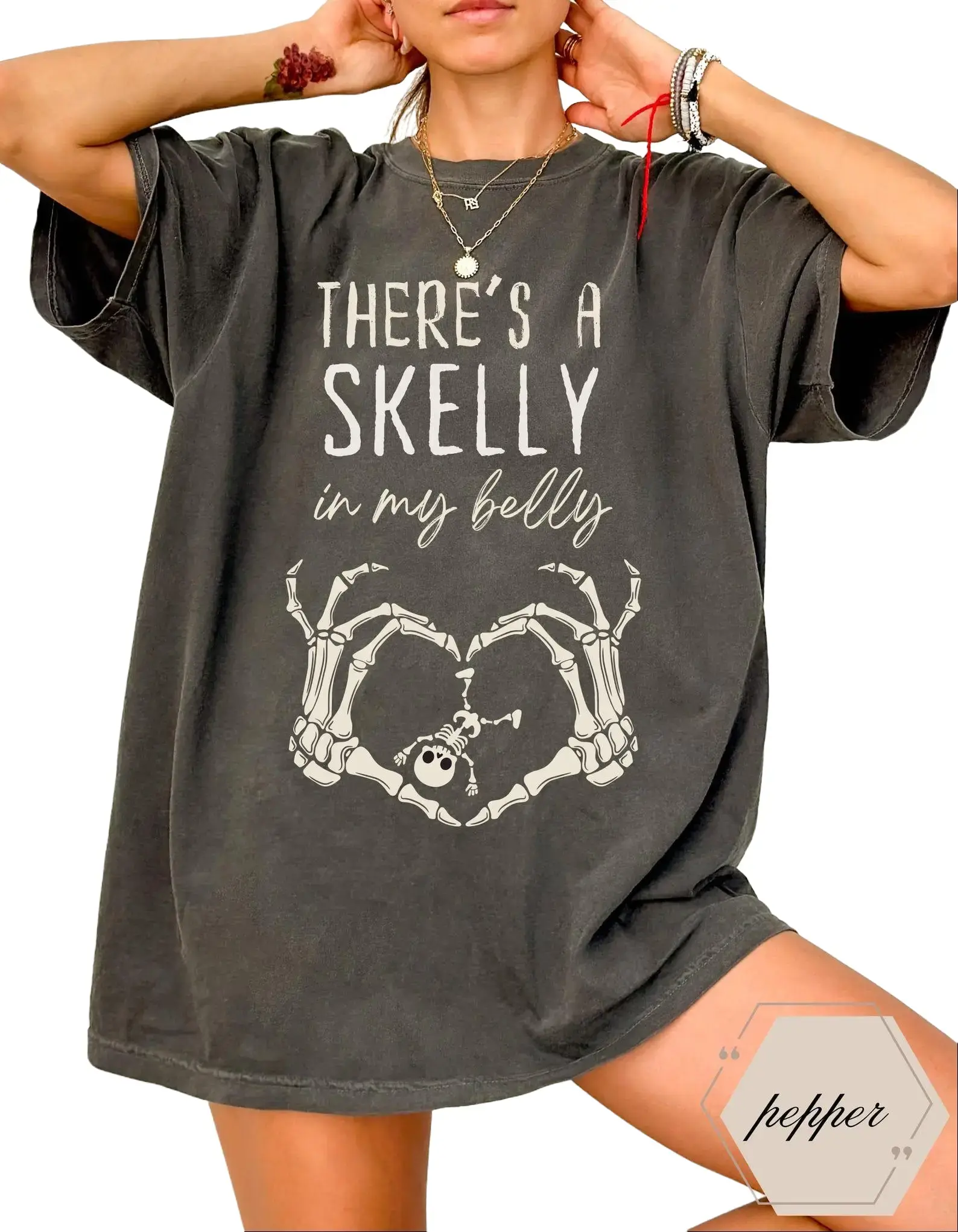 Women's Comfort Colors Cotton Ribbed Short-Sleeve Casual Cute Skeleton Pregnancy Announcement Halloween Graphic Maternity T-Shirt, Shortsleeve, Top, Round Neck, Tshirt, Graphic Print, Regular, Soft Fabric, Crew Neck, All Seasons, Basic