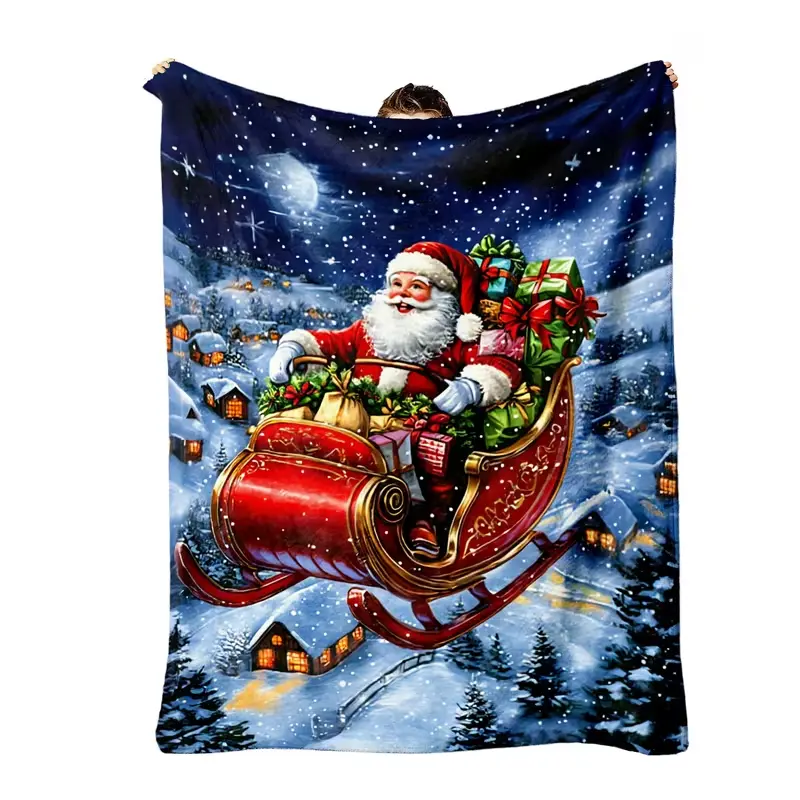 hristmas Santa Sleigh Snowy Village Throw Blanket, Soft Cozy Flannel Blanket for Couch Sofa Bed, Winter Holiday Home Decor, Office Travel Nap Blanket, Christmas Gift for Women, Mom and Family