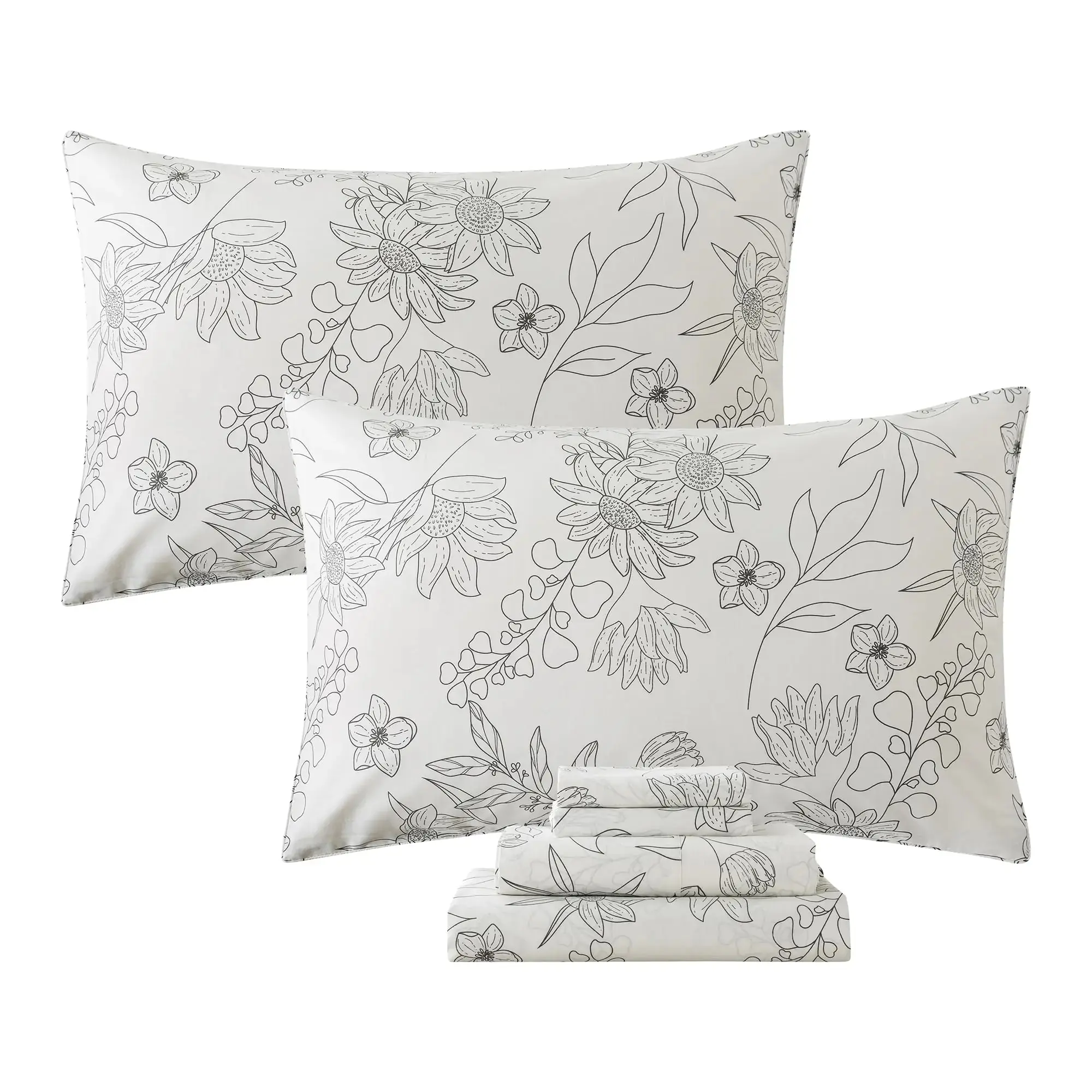 Black & White Queen Floral Sheet Set - 4-Piece 100 Cotton Vintage Sunflower Bedding