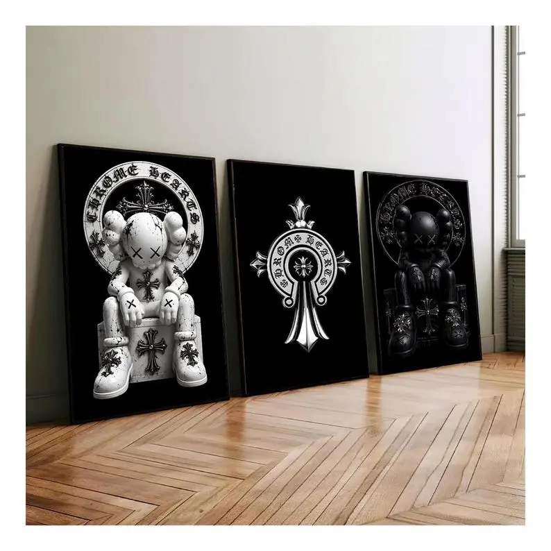 Chrome Hearts Hypebeast Kaws Wall Art Set of 3 Poster Print Unframed, Graffiti Poster,Trendy Living Room Decor, Retro Wall Art,Dopamine Decor