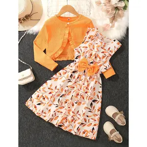 [Stylish Girls' Autumn Set] Stylish Autumn Children's Clothing Set: Ruffle Sleeve Short Jacket and Printed Bow Dress for Girls - Perfect for Outdoor