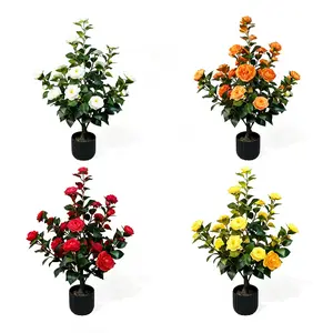 2 Pack Artificial Camellia Tree  No Water No Prune, Zero Maintenance Fake Plant for Home/Patio/Front Porch, Realistic Flower, UV Resistant & No Fade, Great for Daily Decor