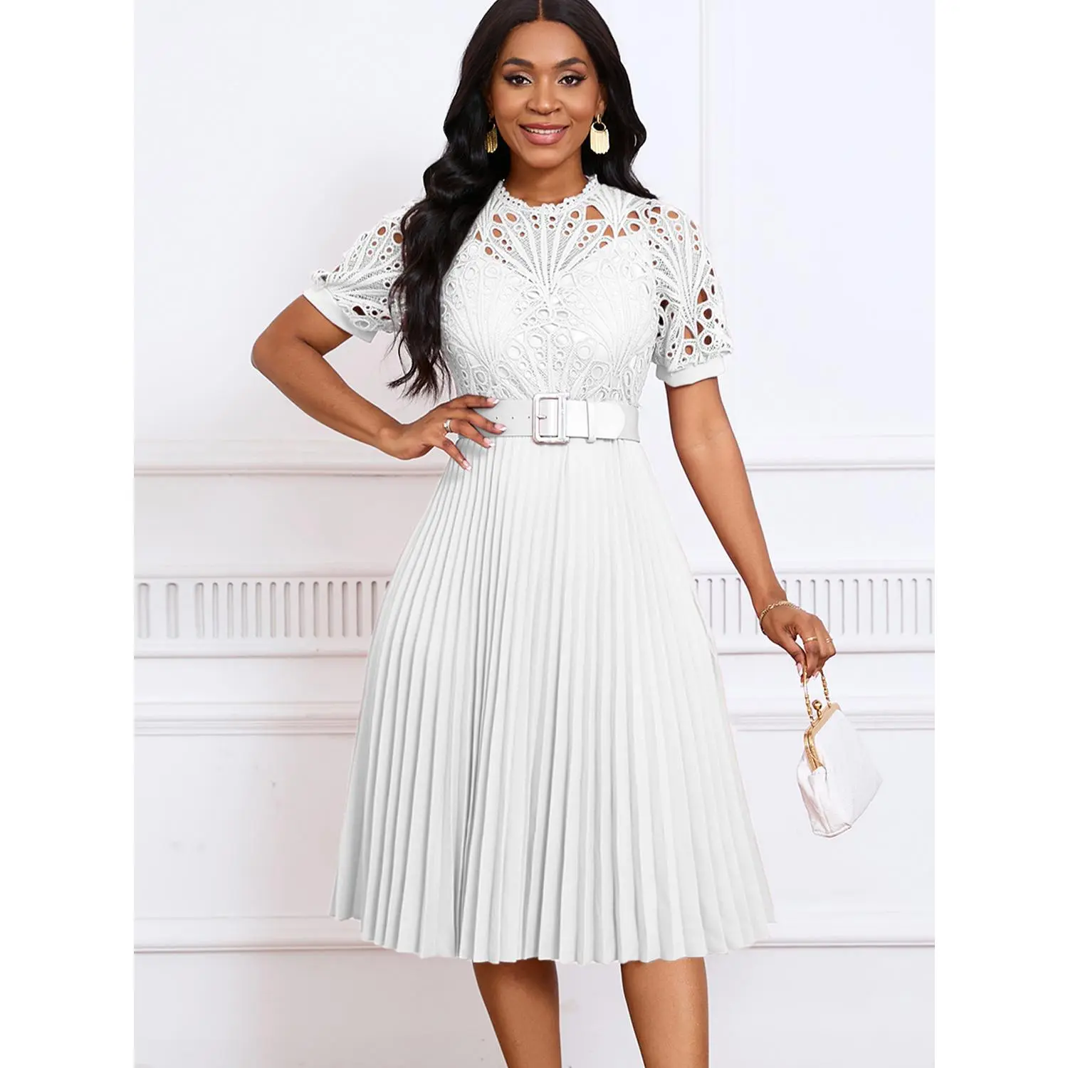 Women's Solid Color Round Neck Puff Short-Sleeve Lace Trim Pleated Midi Pullover Dress - Elegant Style Formal Summer Workwear for Plus-Size Ladies, Women's Dresses, Shortsleeve, Crew Neck, Puff Sleeve Casual Dresses