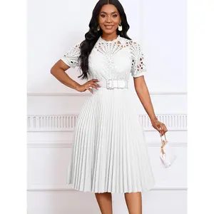 D499 Women's Fashion Solid Color Short Sleeve Lace Trim Pleated Midi Dress Gown Elegant Formal Workwear Chic