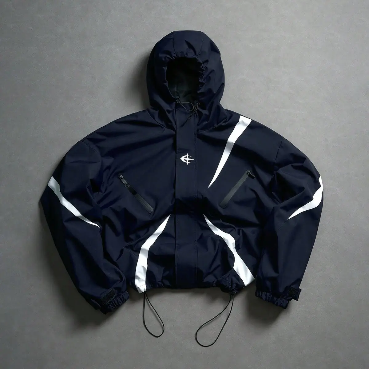 White Diagonal Stripe Cropped Hooded Windbreaker Jacket Unisex  Adjustable Drawstring Hem Zipper Pockets Lightweight Color Block Techwear Urban Streetwear Casual Hooded Outerwear