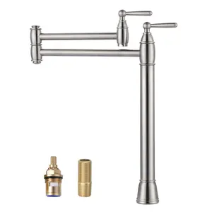 WOWOW Modern Brass Wall-Mount Pot Filler Faucet, Brushed Nickel Folding Stretchable Double-Joint Swing Arm, 2-Handle Single-Hole Stove Fixture with Faucet Aerator, 360° Rotation, Cold Water Function, Brushed Nickel Faucet