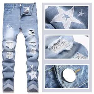 Men’s ripped denim street jeans with five-star embroidery, casual everyday wear GARMENTARY
