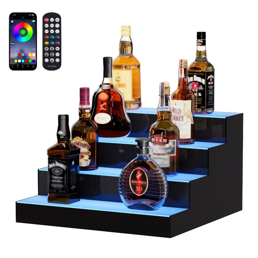VEVOR LED Lighted Liquor Bottle Display, 4-Layer 16-Inch Acrylic Shelf with RF Remote & App Control, Multicolor Illuminated Home Bar Whiskey Rack Stand for Commercial Use, 4 Layers