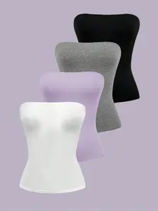 Classic Essential Spring Summer Fall Plain Casual Strapless Tube Top Set, Slim-Fitting No Shoulder Strap, Four-Piece Set