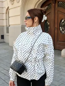 Women's 2026 Fashion Retro Polka Dot Waist Drawstring Loose Jacket, Long Sleeve Stand Collar Pocket Zipper Open Front Coat, Elegant Casual Daily Wear