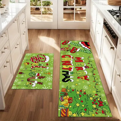 2Pcs Christmas And New Year Printed Kitchen Rug Green Christmas Tree And Santa Claus Mat Set Home Decorative Rugs Household Decorative Rug Farmhouse Kitchen Carpet Restaurant Floor Laundry Room Decoration Carpet Mat Kitchen Floor Mats