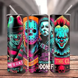 1pc 20oz Halloween Straight Water Bottle with Freddy Jason Michael Myers Pennywise Movie Design Stainless Steel Insulated Tumbler for Coffee, Milk, Beer Drinks with Straw