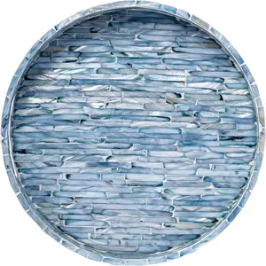 12.6" Mother of Pearls Lacquer Inlaid Round Serving Tray with Handles, Round Decorative Nacred Wooden Ottoman Coffee Table Tray