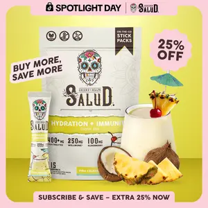 Salud 2-in-1 [Hydration + Immunity - Piña Colada] Electrolytes Powder, Agua Fresca Drink Mix, Elderberry, Dairy & Soy Free, Non-GMO, Gluten Free, Vegan, Low Calorie, 1g Sugar (15 Servings)