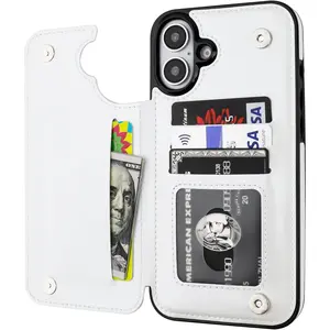 Compatible with  16 Plus Wallet Case with Card Holder, PU Leather Kickstand Card Sls Case, Double  Clasp and Durable Shockproof Cover 6.7 Inch (White)