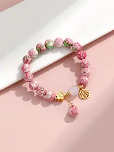 Fashionable Peach Blossom Theme Agate Beaded Bracelet, Adjustable Bracelets, Fashion Jewelry for Party, Daily Clothing Decor, Trendy All-match & Exquisite Jewelry for Birthday Gift, Adjustable Beaded Design