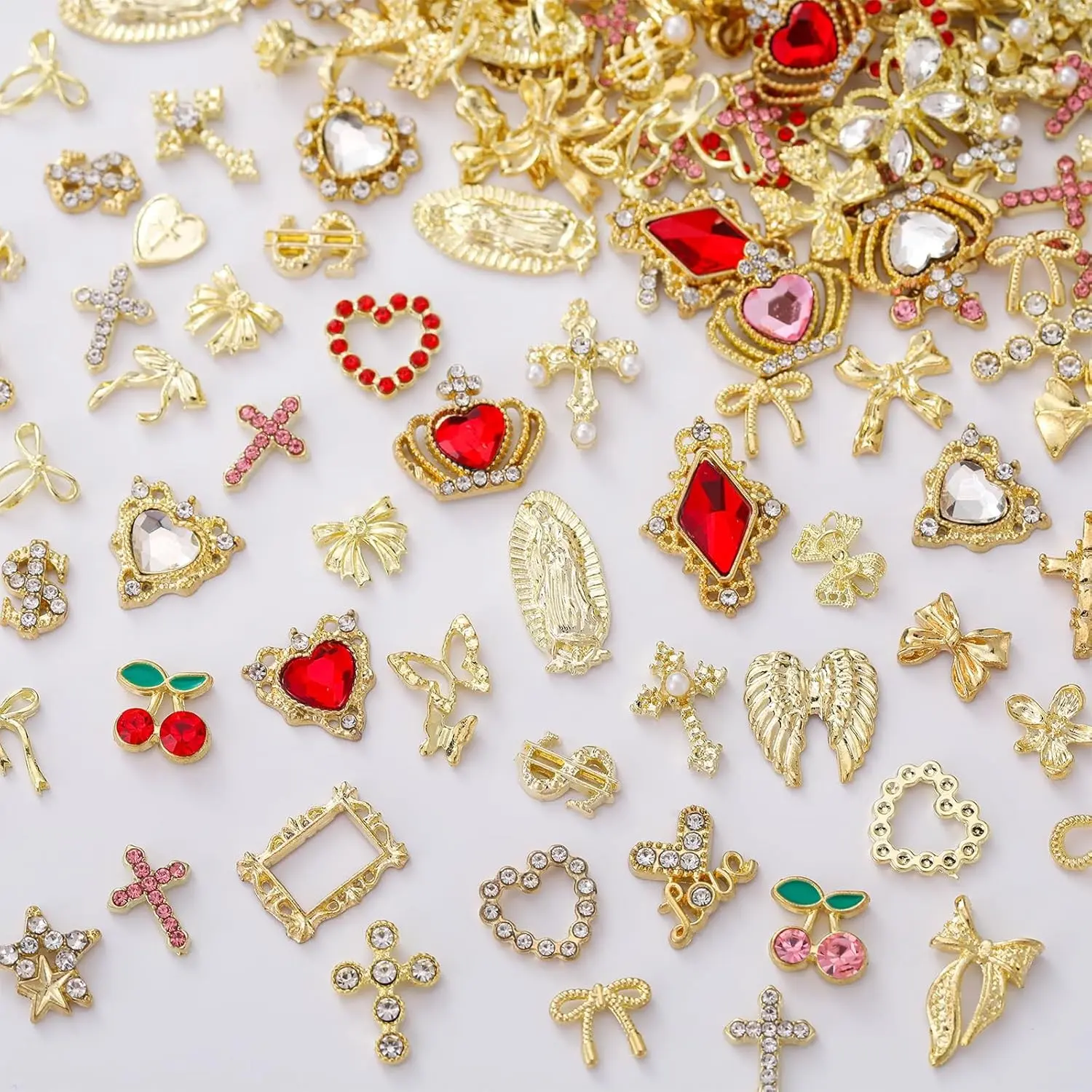 Rhinestone Nail Art Set, Sparkling Rhinestones, Heart Crown Bow 3D Alloy Nail Art Decoration, Nail Gems, Nail Accessories, Nail Art Supplies, Wedding & Daily Use, Y2K Gold Nail Charms, Gold Plated, Mixed Styles