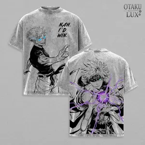 Satoru Gojo Washed Oversized Tee – Jujutsu Kaisen Anime Graphic T-Shirt, Limitless Hollow Purple Power Design, “Nah I’d Win” Manga Quote Print, Vintage Heavyweight Cotton Unisex Streetwear Shirt