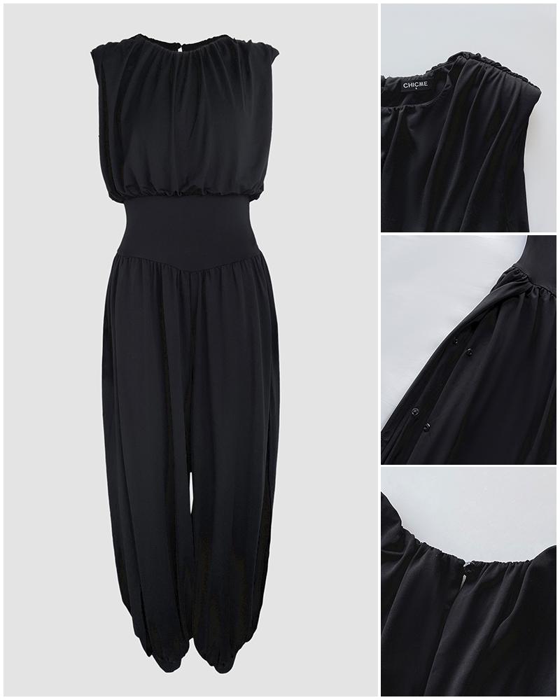 ChicMe Women's Padded Shoulders Sleeveless Cinched Basque Waist Side High Slit Overalls Casual Hollow-out Back Wedding Guest Ruched Jumpsuit ChicMe Women's Padded Shoulders Sleeveless Cinched Basque Waist Side High Slit Overalls Casual Hollow-out Back Wedding Guest Ruched Jumpsuit