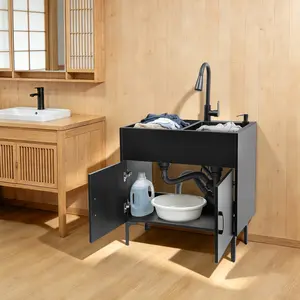 Laundry Utility Sink with Cabinet & Pull-Down Faucet Freestanding Stainless Steel Utility Sinks with 2 Doors Deluxe Bouble Kitchen Sink Wash Station Tub for Laundry & Kitchen, Bathroom(Black)