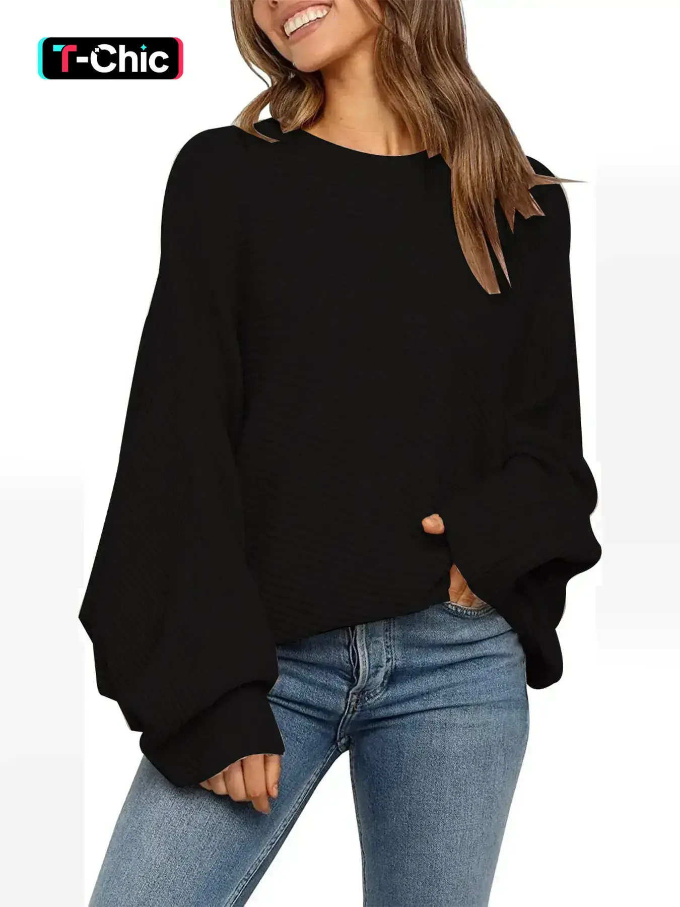 Women's Oversized Baggy Basic Plain Solid Round Neck Batwing Long Sleeve Pullover Sweater, Casual Loose-Fitting Knitwear for Fall & Winter, Womenswear, Tops Plaid