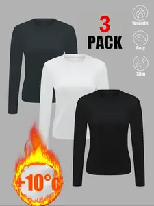 Women's Sporty Thermal Warm Underwear Set, 3-Piece Fitted Long Sleeve Round Neck Tops, Comfortable All-Season Essential Base Layer Tees, Spring