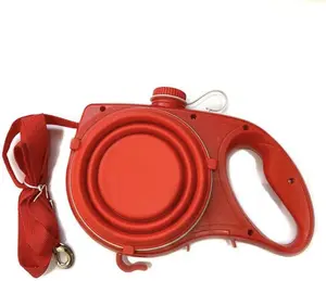 Fetchly Dog Leash with Water Canteen, Waste Bag Compartment, and Retractable Bowl - Medium, Red