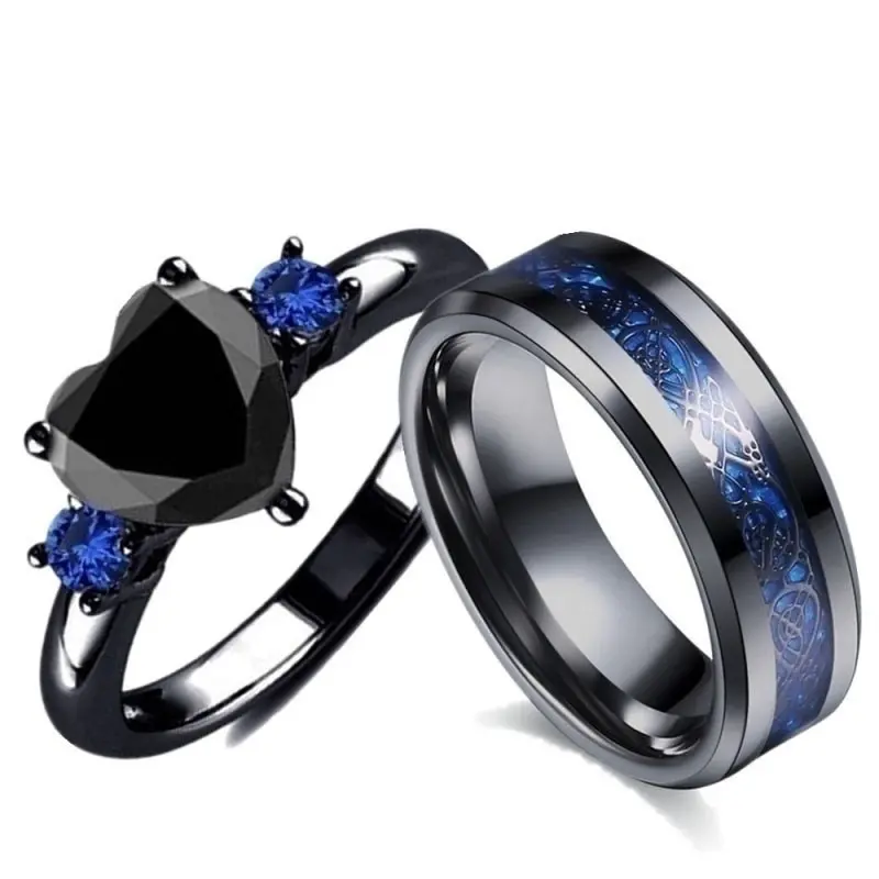 Electroplated Black Gemstone Couple Rings - Unisex, Sleek Fashion Jewelry, Symbolizes Strength, Anniversary Gift