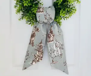 Monogrammed Blue Chinoiserie Spring Wreath Sash for Front Door - Personalized Embroidered Asian Toile Easter Home Decor
