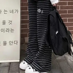 Autumn Winter New Thicked Warm Pants Y2k High Waist Loose Wide Leg Pants Panda Embroidery Black Gray Striped Straight Trousers