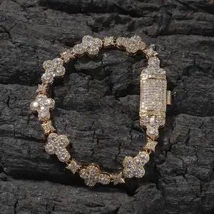 [ICE HUE]18K Gold Vacuum Plated Copper with 5A+ Sri Lanka Zircon Ice out Cross Flowers 10mm Bracelet Miami Italy Mexico & Micro Inspired for Women & Men Jewelry,Daily Wear,Casual Fashion,Gift Idea,,Classic,Hip Hop,Simple,Sporty Style