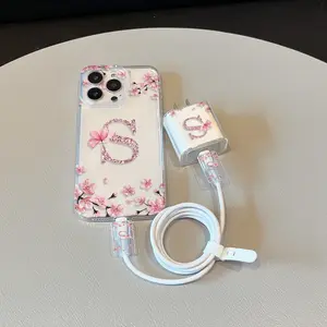 5 Piece Set Transparent Floral Letter S Phone Case, Charger Head Cover, Cable Protector, Storage Rope, Anti-Drop Shockproof Tpu Shell for iPhone