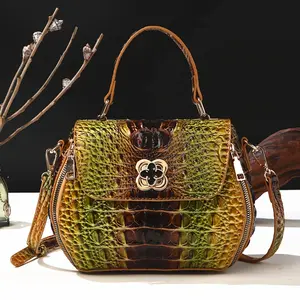 Classic Solid Color Mini Square Handbag, Crocodile Pattern Top Handle Bag for Women