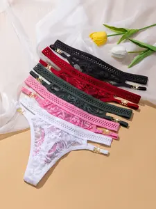 Women's Low Waist Thong Panties Fashion G String Tangas with Buckle Design, Plain Hollow Out Floral Lace Sexy Fashion Underwear, 5 Pcs Set, All Seasons