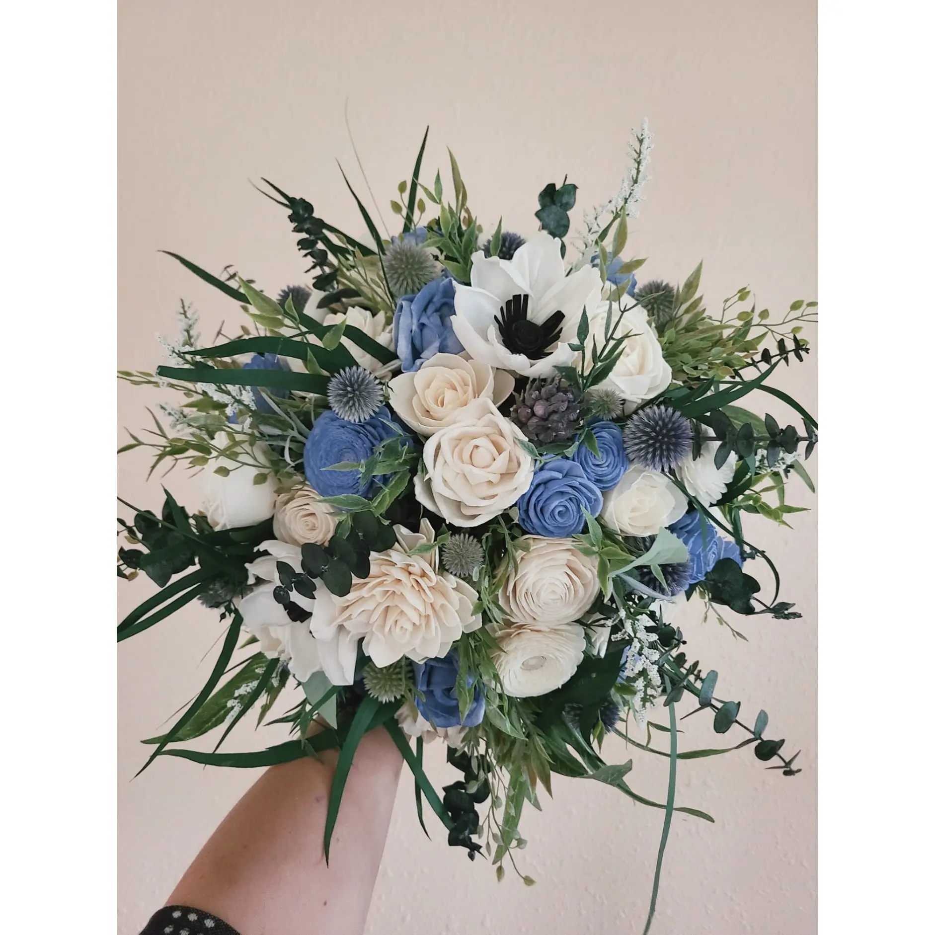 Dusty Blue Wooden Sola Flower Bouquet - Decorative Floral Arrangement for Home Decor, Bridal & Bridesmaids Winter Weddings