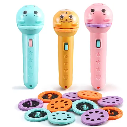 Kids Educational Projection Flashlight - Portable, BPA-Free, Screen-Free Alternative Toy for 3 and Up, Charming Cartoon & Animal Patterns, Safe Eye Care, Multi-Functional Kaleidoscope, for Indoor Camping (Blue/Pink/Yellow)