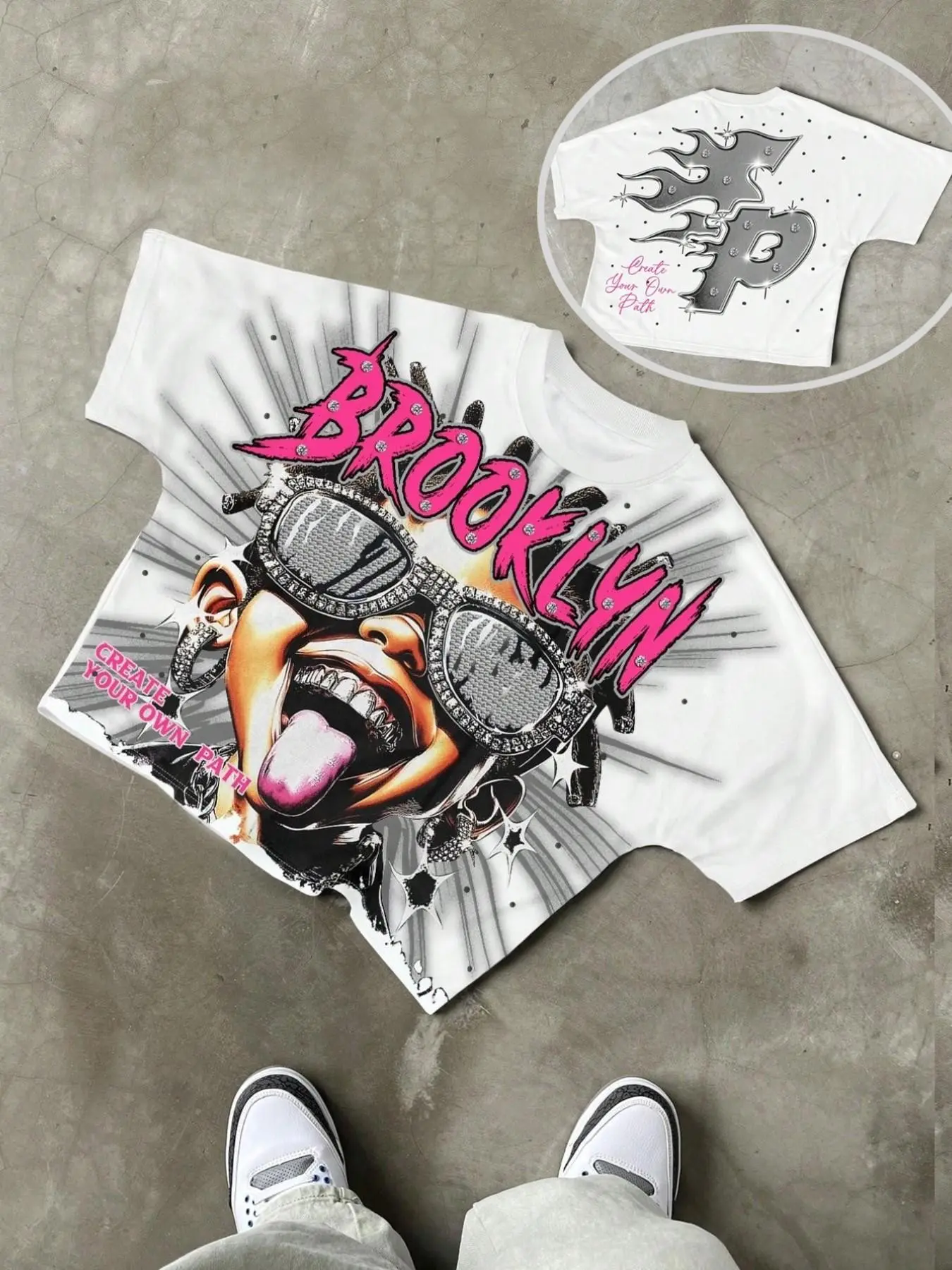Brooklyn Hot Short Sleeve Cartoon Sunglasses Printed Baggy T-shirt Tops Loose Bat Sleeve Men's and Women's Short Sleeve Same Style American Street Style High Street Y2K Hip Hop Style Couple Oversized, Menswear