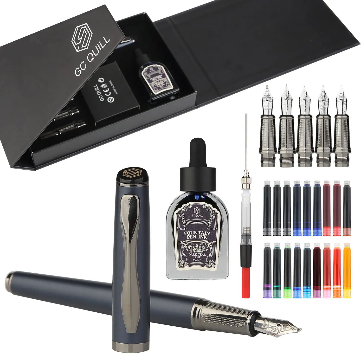 GC QUILL Classy Pen Design Fine Writing Calligraphy Fountain Pen Set - 5 Interchangeable Nibs, Ink Bottle, Refill Converter, 18 Cartridges - Gift for Writers, Office Stationery Gifting Tool, Fine Writing Pen
