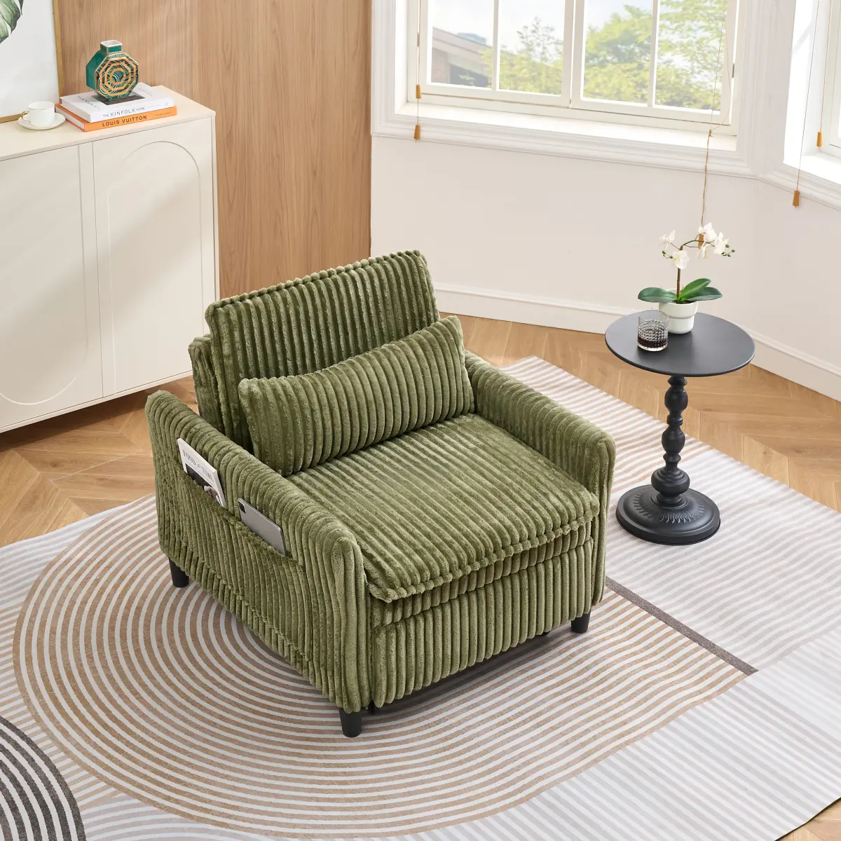 Corduroy Accent Chair for Living Room, Cozy Lounge Chair with Soft Cushion and Armrests, Modern Single Sofa Chair for Bedroom, Apartment, Balcony & Reading Corner,Olive Green Corduroy Accent Chair