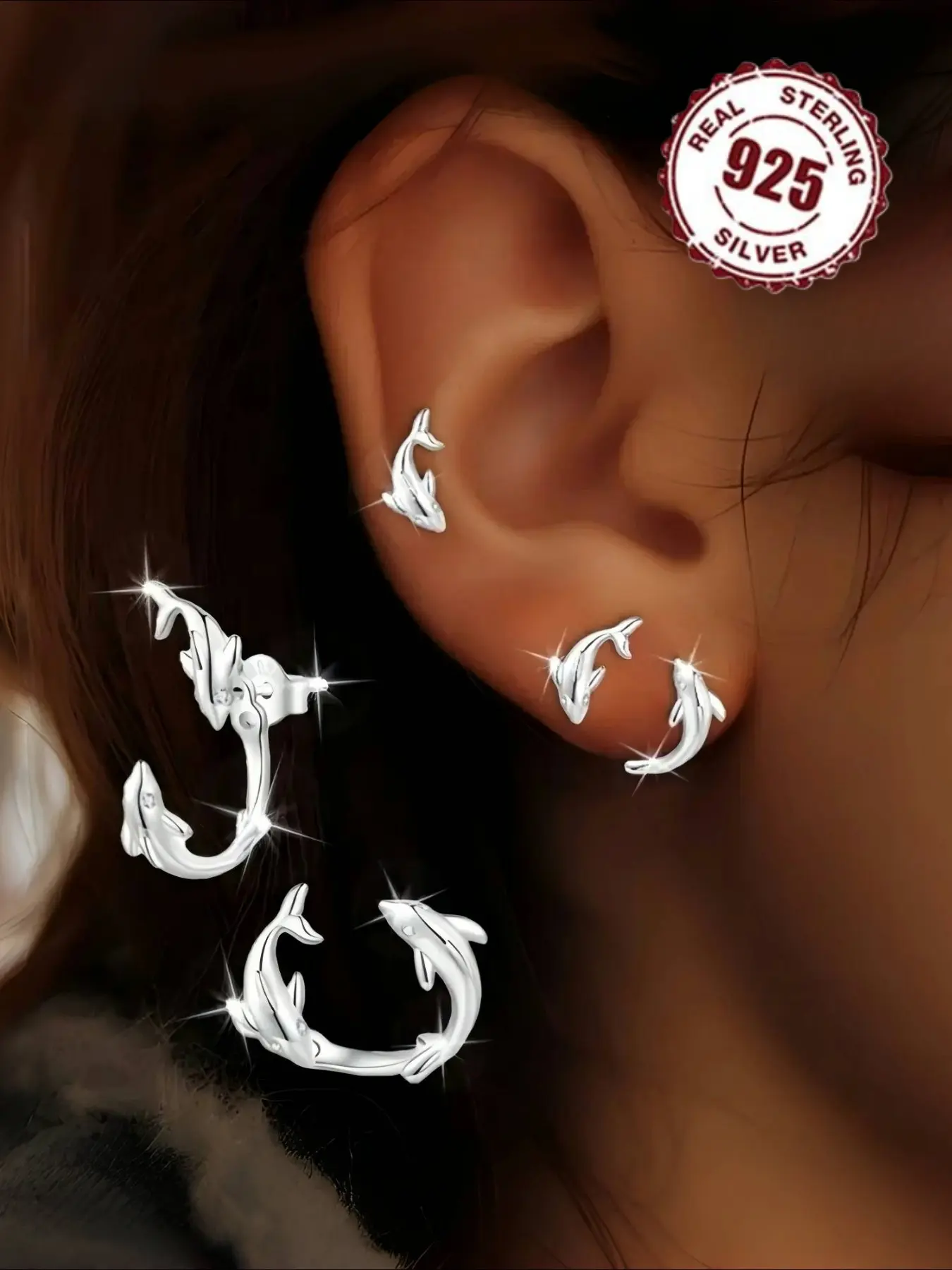 A Pair of Stylish Earrings for Women Featuring Two Wearing Styles, Elegant Dolphin Design, Made of 925 Silver, Perfect for Everyday Wear, Beach Vacations, Parties, And Gifting.