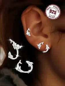 A Pair of Stylish Earrings for Women Featuring Two Wearing Styles, Elegant Dolphin Design, Made of 925 Silver, Perfect for Everyday Wear, Beach Vacations, Parties, And Gifting.