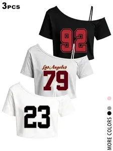 2026 Viral 3 Pack Off Shoulder Crop T-Shirt for Women, Number Print Asymmetrical Short Sleeve Top, Casual Y2K Sporty Aesthetic Cropped Tee,Daily Wear, Gym, Workout, Dating, Party, Summer Outfit, Sexy Off Shoulder Crop Top，It Girl Style Streetwear