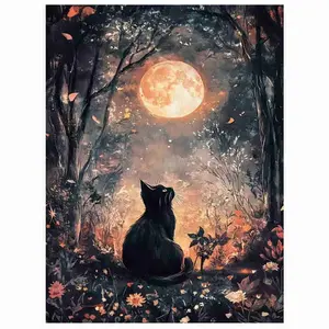 5D Full Drill Diamond Painting Kit - Black Cat Gazing at Full Moon in Enchanted Forest, Round Acrylic Diamonds, DIY Art for Home Wall Decor, Ideal Gift for Cat Lovers & Craft Enthusiasts