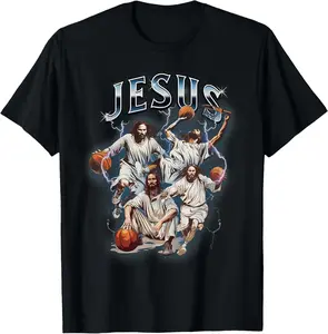 Cotton graphic tees Funny He Is Rizzin Jesus Basketball Christian T-Shirt