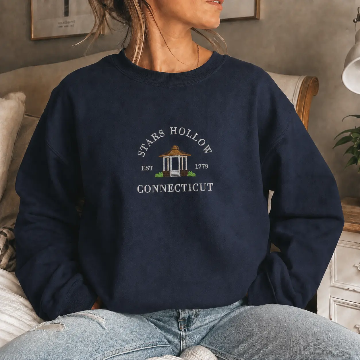 Women's 100% Cotton Embroidered Hoodie - Stars Hollow Inspired Nostalgia Embroidery, Handmade Spandex-Yarn Fabric Top, US-Made Jumper Bottom-Compatible Sweatshirt
