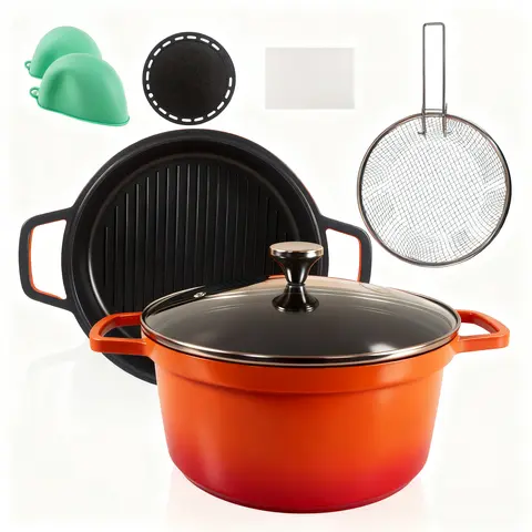 2-in-1  Cast Iron Dutch Oven Pot with Skillet Lid Set,5QT Pot for Cooking, Baking, Frying and Camping, All Cooktops, Oven Safe to 500F, CookwareKitchen,Wide Handles Even Heat Distribution