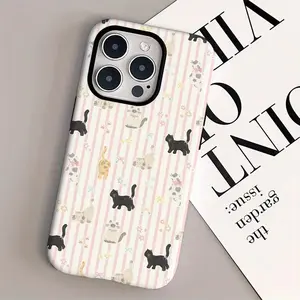 Pink and White Striped 2-in-1 Protective Case featuring a Cartoon Cat and Bowknot Pattern. Compatible with iPhone 17 Pro; also fits iPhone 16, 15, and 14 Pro Max models. Drop-resistant and shockproof—compatible with the 13, 12, and 11 series.