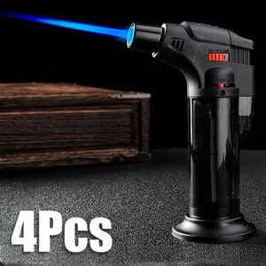4Pcs torch igniter, butane replaceable igniter, single flame windproof torch igniter, multi-function mini gas igniter, suitable for candles, fireplaces, camping, barbecue, kitchen, (does not contain butane gas)